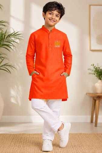 Boys orange pure cotton father's day kurta pyjama set
