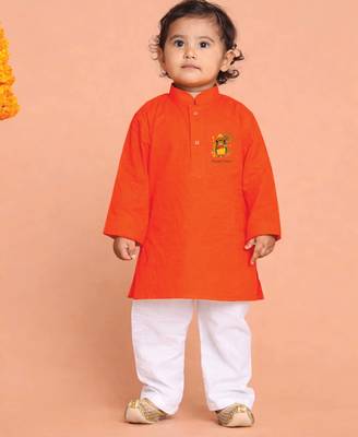 Boys orange pure cotton onam special kurta pyjama set 1
