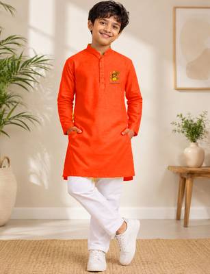 Boys orange pure cotton onam special kurta pyjama set 1