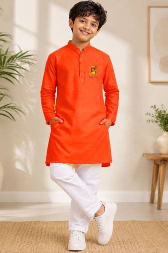 Boys orange pure cotton onam special kurta pyjama set