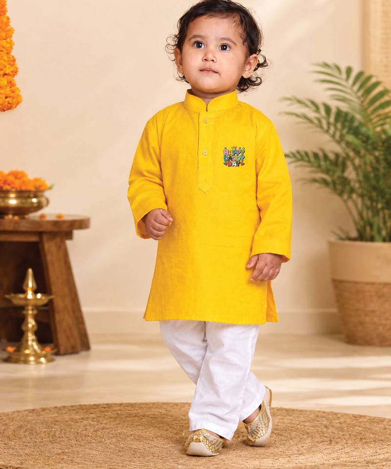 Boys yellow pure cotton father's day kurta pyjama set