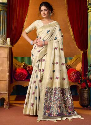 Off white cotton katha work & pum pum casual wear saree 1