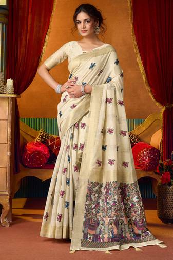 Off white cotton katha work & pum pum casual wear saree