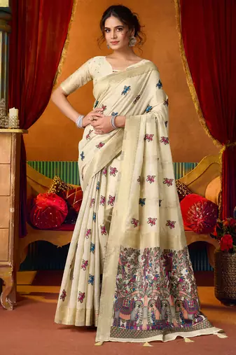 Off white cotton katha work & pum pum casual wear saree