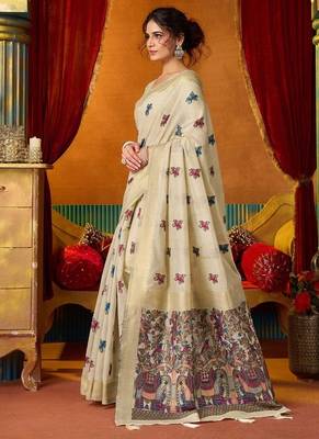 Off white cotton katha work & pum pum casual wear saree 2