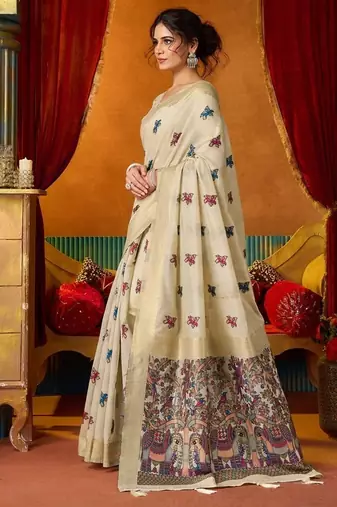 Off white cotton katha work & pum pum casual wear saree