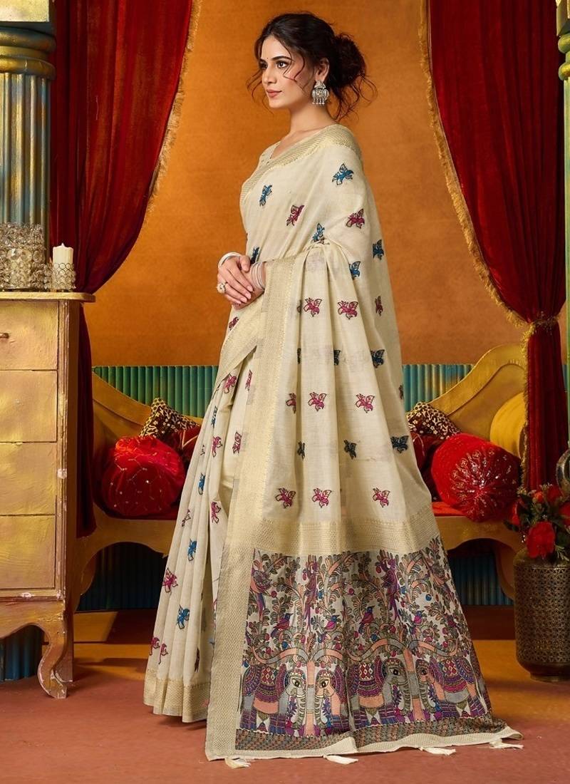 Off white cotton katha work & pum pum casual wear saree