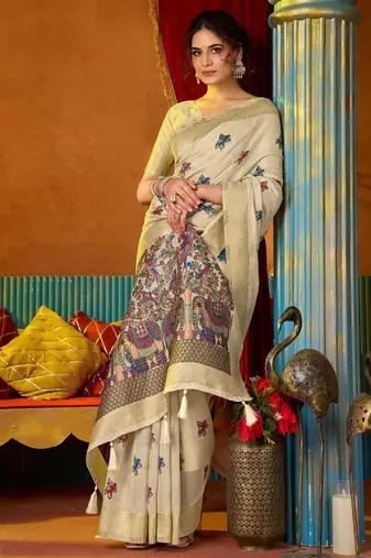 Off white cotton katha work & pum pum casual wear saree