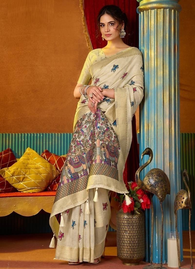 Off white cotton katha work & pum pum casual wear saree