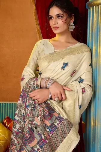 Off white cotton katha work & pum pum casual wear saree