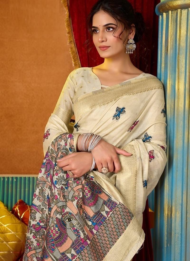 Off white cotton katha work & pum pum casual wear saree