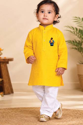 Boys yellow pure cotton father's day kurta pyjama set