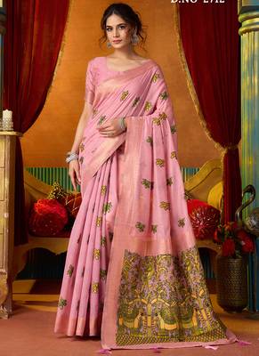 Baby pink cotton katha work & pum pum casual wear saree 1
