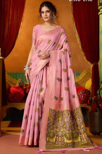 Baby pink cotton katha work & pum pum casual wear saree