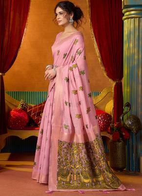 Baby pink cotton katha work & pum pum casual wear saree 2