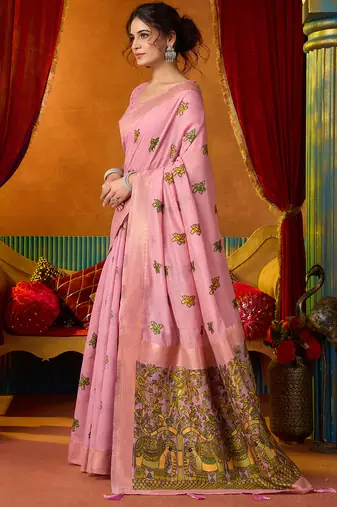 Baby pink cotton katha work & pum pum casual wear saree