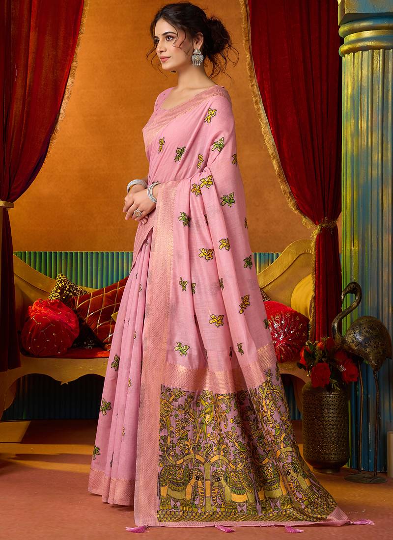 Baby pink cotton katha work & pum pum casual wear saree