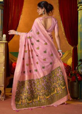 Baby pink cotton katha work & pum pum casual wear saree 3