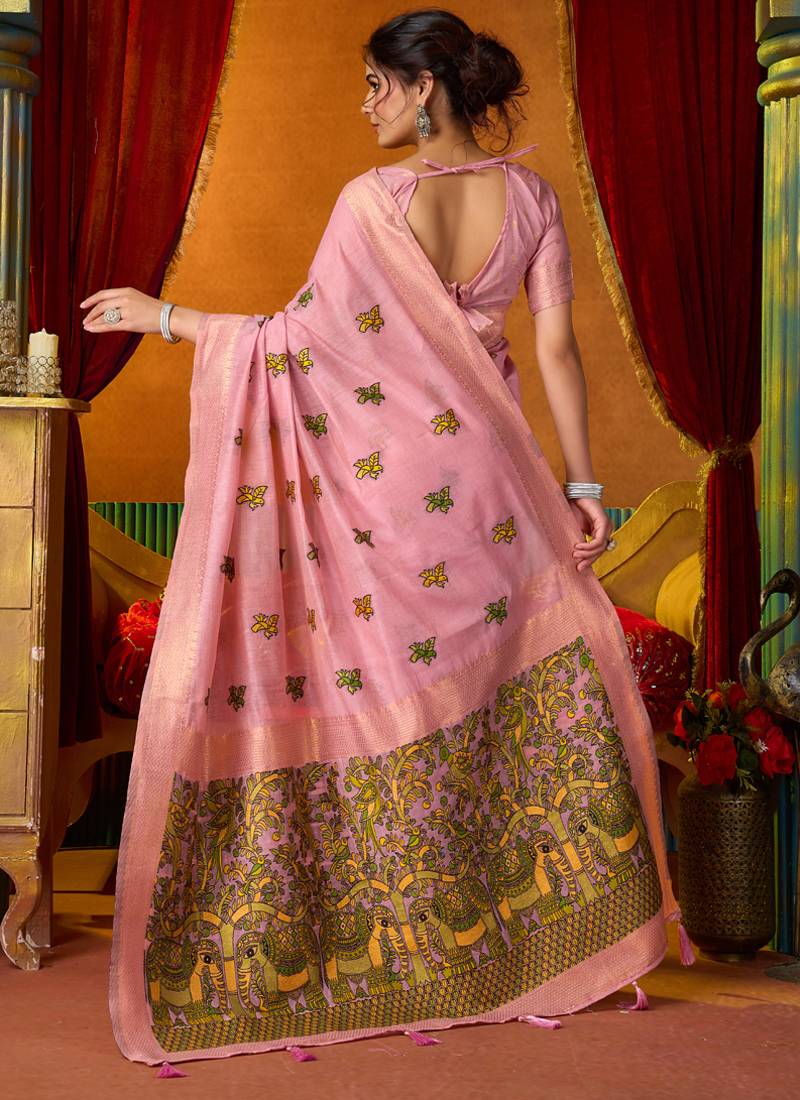 Baby pink cotton katha work & pum pum casual wear saree