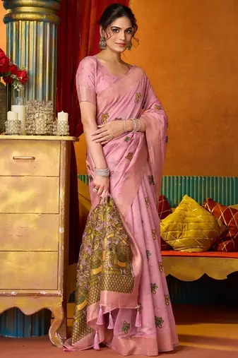 Baby pink cotton katha work & pum pum casual wear saree