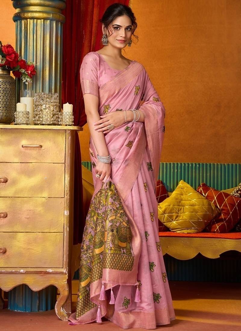 Baby pink cotton katha work & pum pum casual wear saree