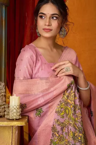 Baby pink cotton katha work & pum pum casual wear saree