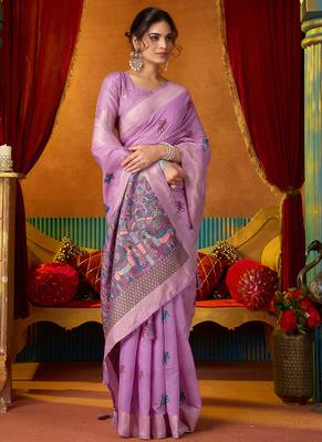 Lavender cotton katha work & pum pum casual wear saree 1