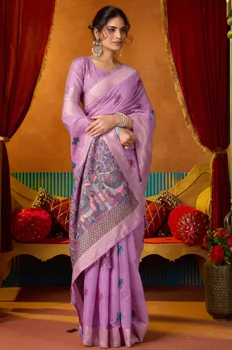 Lavender cotton katha work & pum pum casual wear saree