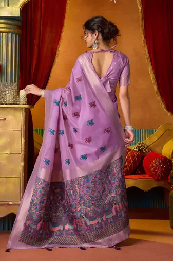 Lavender cotton katha work & pum pum casual wear saree