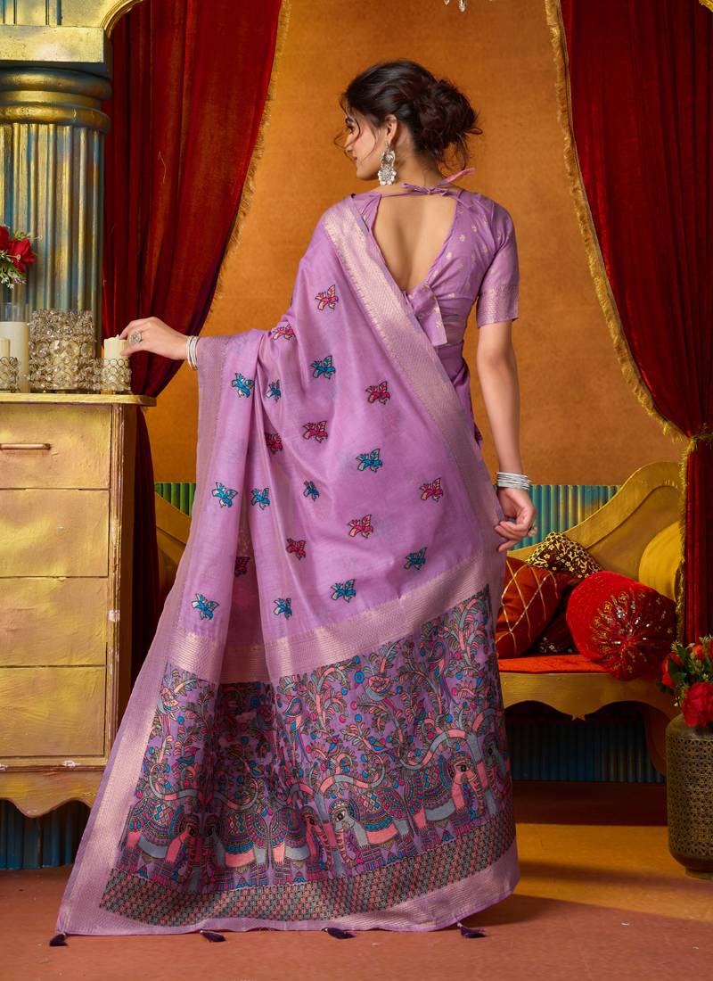 Lavender cotton katha work & pum pum casual wear saree