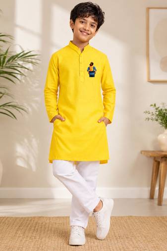 Boys yellow pure cotton father's day kurta pyjama set