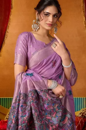 Lavender cotton katha work & pum pum casual wear saree