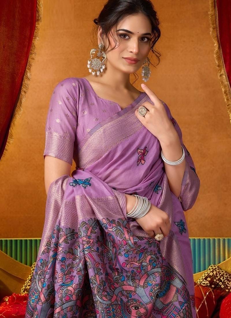 Lavender cotton katha work & pum pum casual wear saree