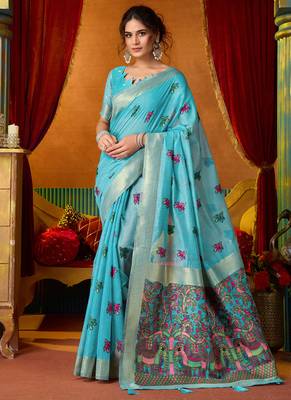 Sky blue cotton katha work & pum pum casual wear saree 1