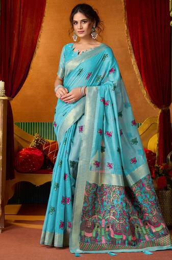 Sky blue cotton katha work & pum pum casual wear saree