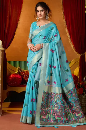Sky blue cotton katha work & pum pum casual wear saree