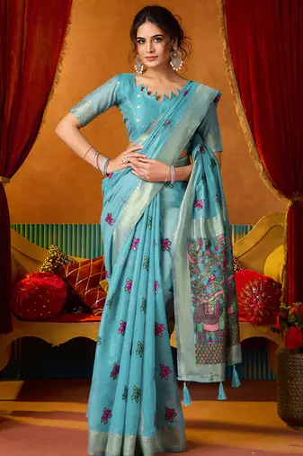 Sky blue cotton katha work & pum pum casual wear saree