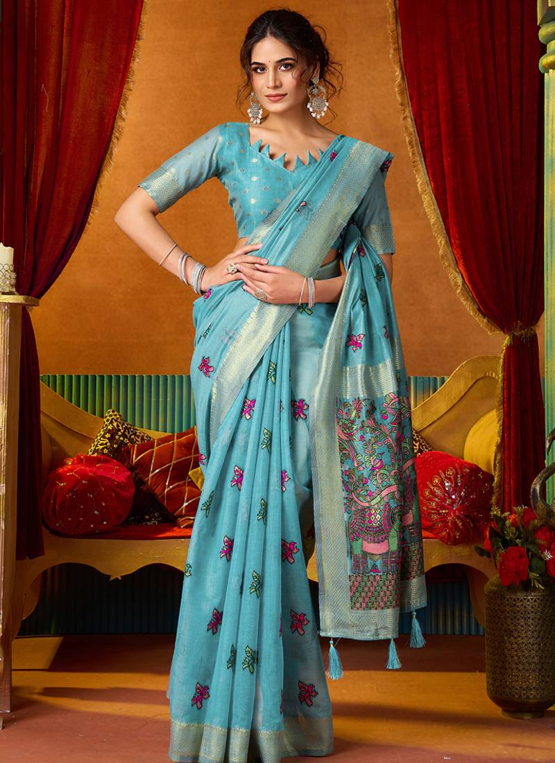 Sky blue cotton katha work & pum pum casual wear saree