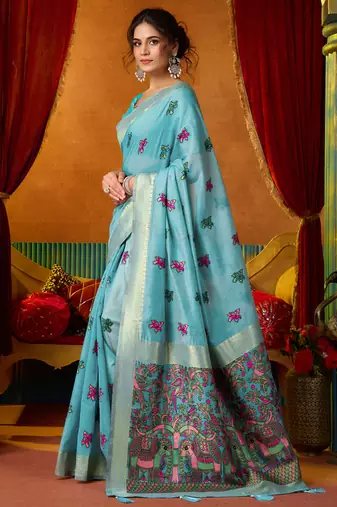 Sky blue cotton katha work & pum pum casual wear saree