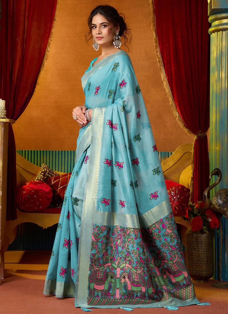 Sky blue cotton katha work & pum pum casual wear saree