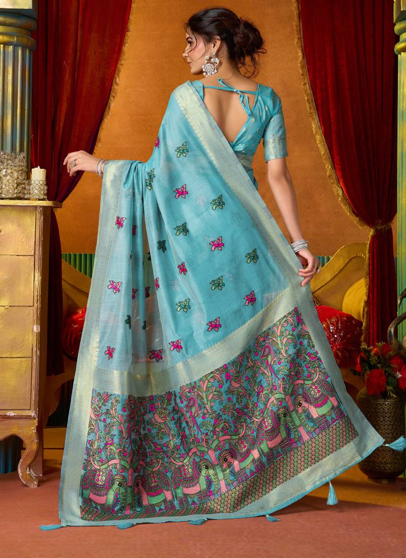 Sky blue cotton katha work & pum pum casual wear saree