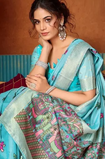 Sky blue cotton katha work & pum pum casual wear saree