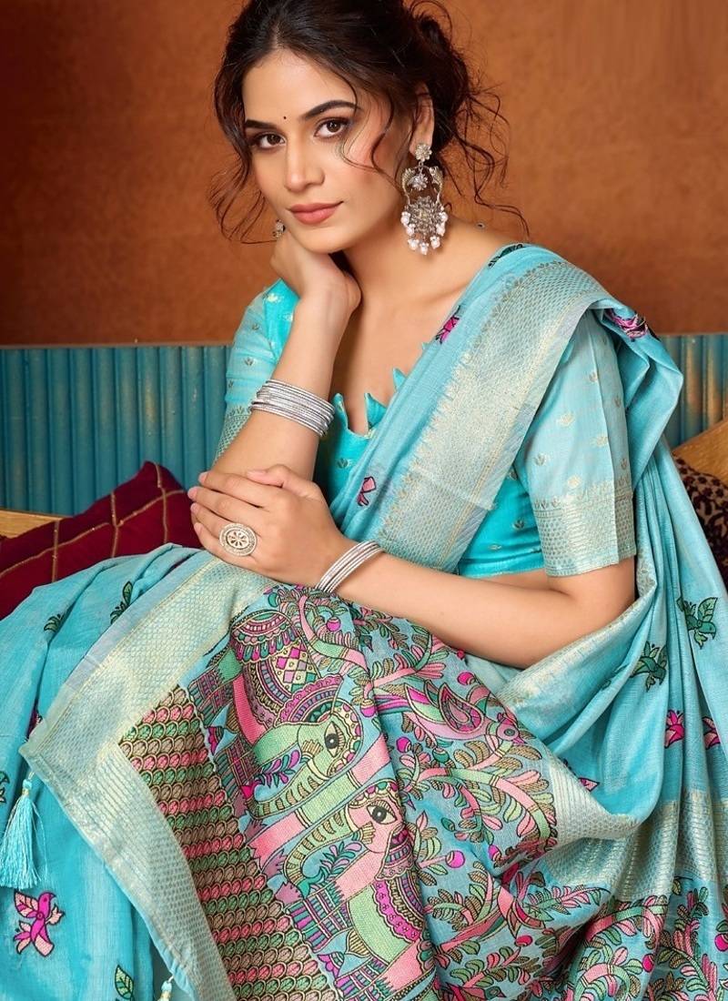 Sky blue cotton katha work & pum pum casual wear saree