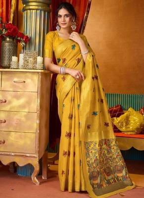 Yellow cotton katha work & pum pum casual wear saree 1