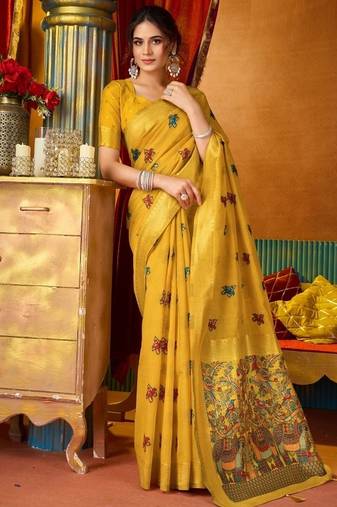 Yellow cotton katha work & pum pum casual wear saree