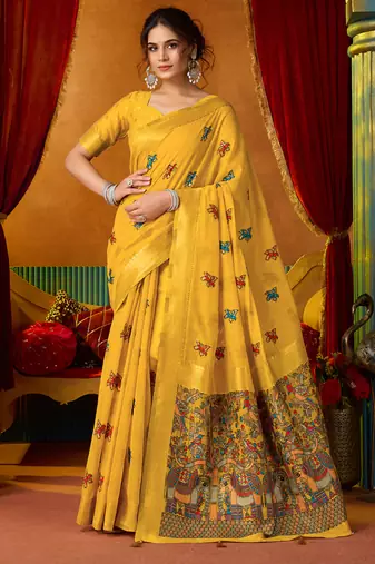 Yellow cotton katha work & pum pum casual wear saree
