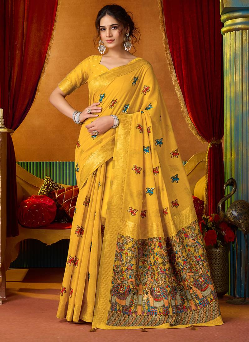 Yellow cotton katha work & pum pum casual wear saree