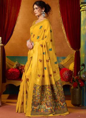 Yellow cotton katha work & pum pum casual wear saree 3