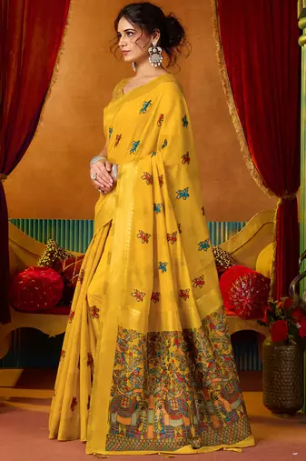 Yellow cotton katha work & pum pum casual wear saree