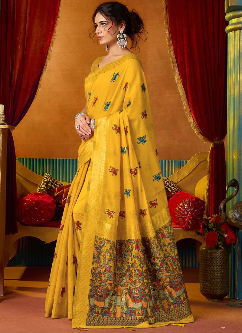 Yellow cotton katha work & pum pum casual wear saree